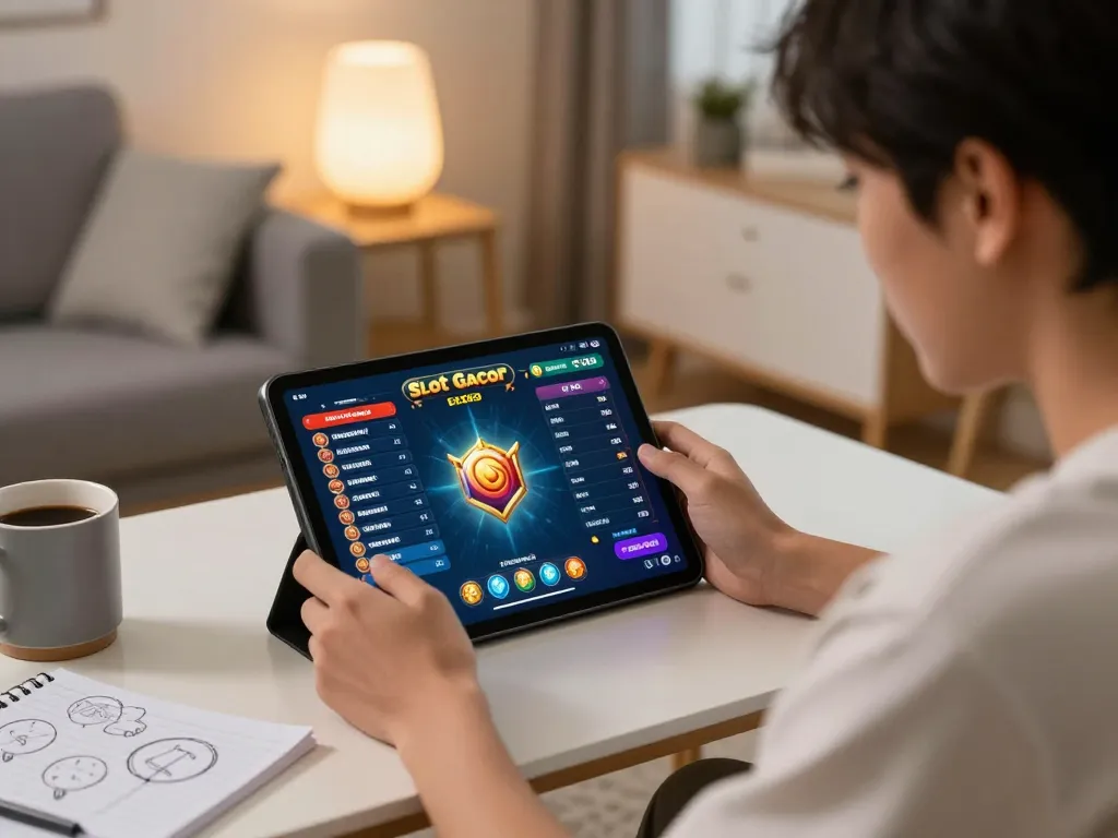 Gamer memainkan Slot Gacor secara online di tablet, menyoroti strategi dan permainan di ruang tamu yang nyaman.