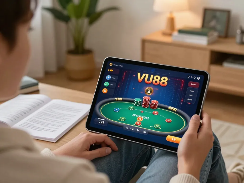 Engaging in VU88 online casino gameplay on a tablet in a cozy home environment with strategic notes visible.
