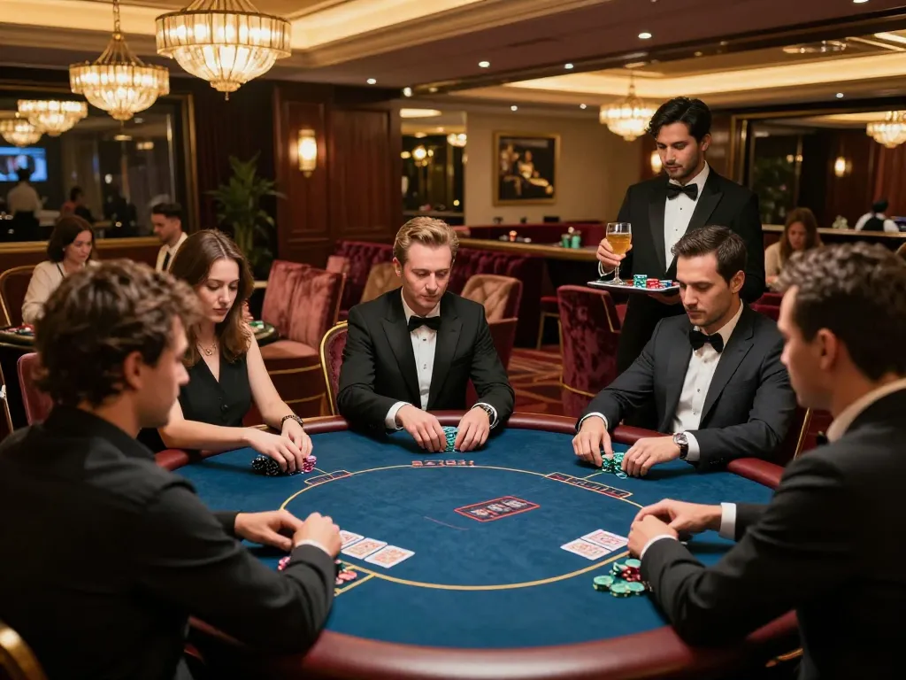 Players at VU88 engaging in high-stakes poker in luxury setting with focused expressions.