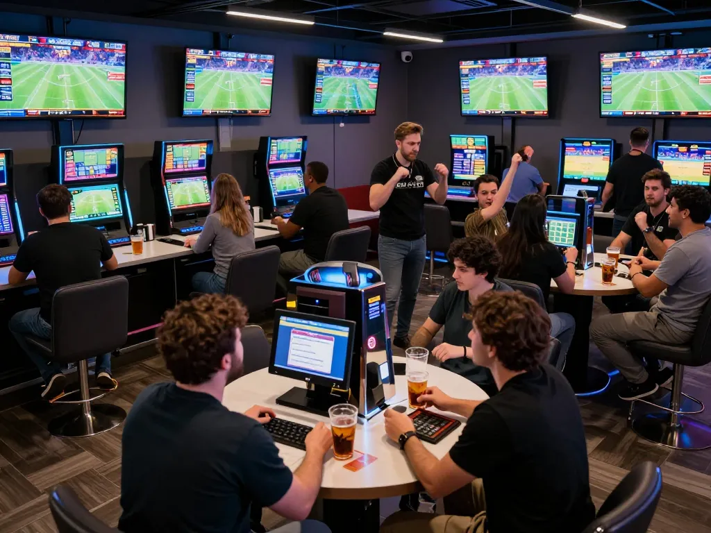 Bsport fans placing bets in a lively sports betting lounge filled with excitement and modern decor.