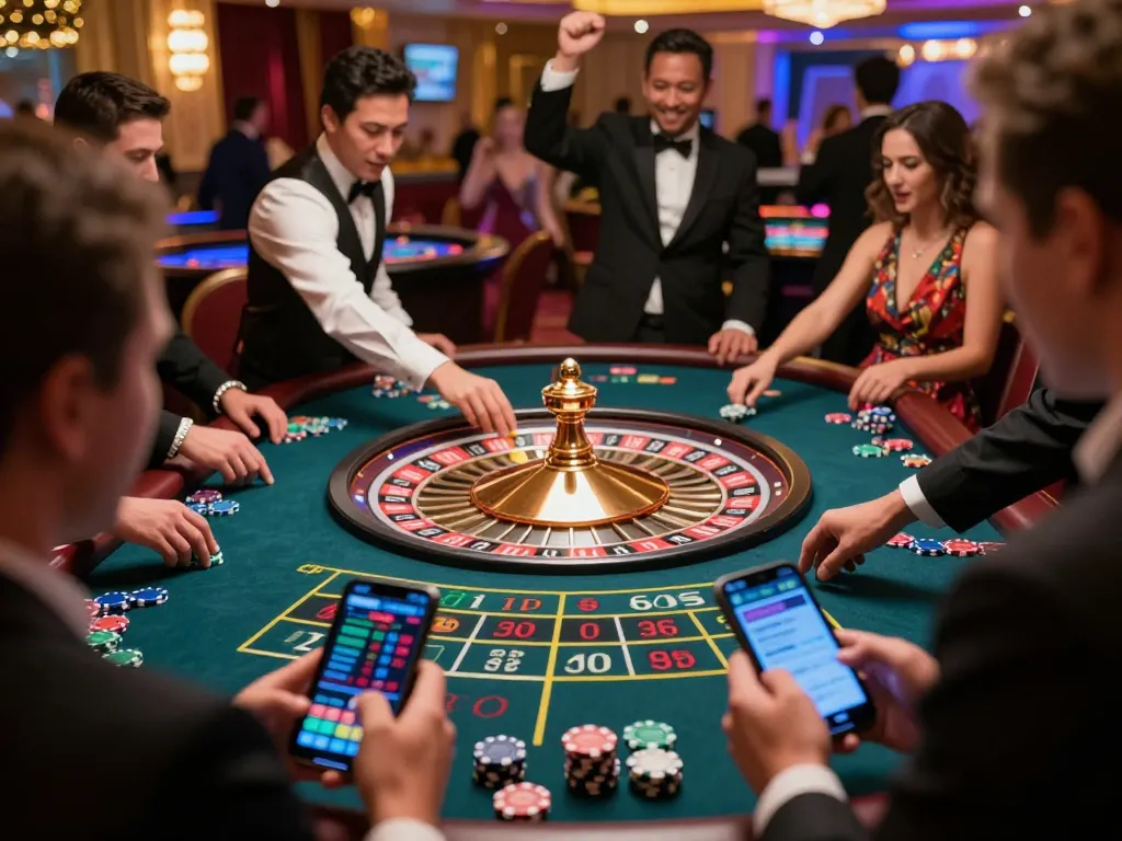 Players engaging in a thrilling VK88 roulette game, vibrant casino atmosphere with dynamic betting moments.