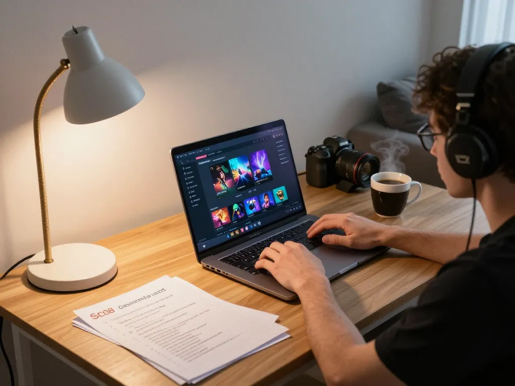 Engaged player strategizing on SC88 Game with laptop and notes in cozy home setting