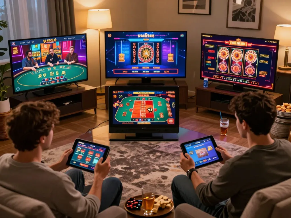 Players interacting with VB88 online casino platform, showcasing engaging game activities in a cozy setting