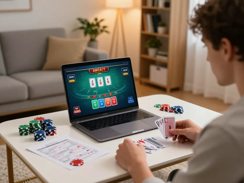 Engaged player enjoying DW8 online blackjack on laptop, showcasing strategic gameplay.