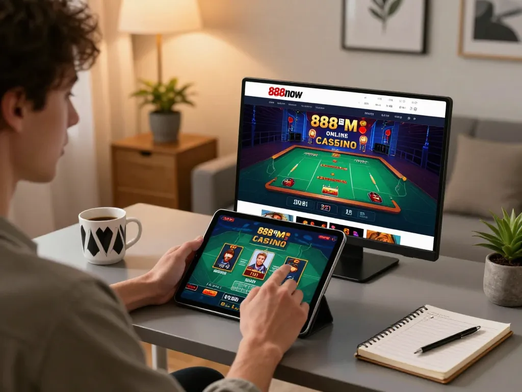 Engaged player using 888now on tablet during home gaming session, showcasing responsible betting.