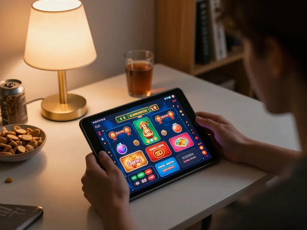 UU88 online gaming setup with tablet displaying colorful casino interface in cozy home atmosphere