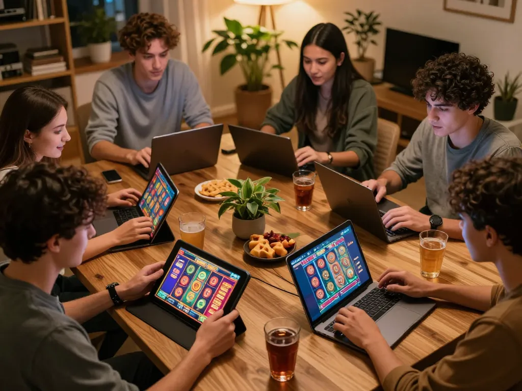 Friends enjoying online slots on nohuvn platform with engaging graphics and casual snacks.