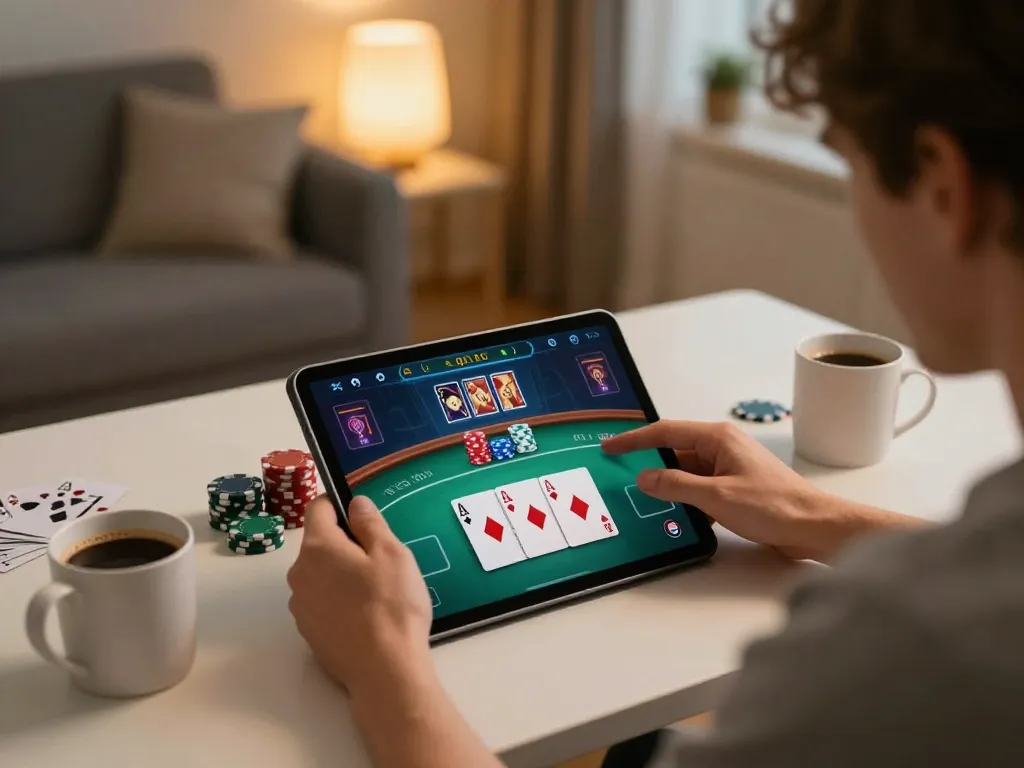 Player enjoying online gambling at home with gg88gs poker interface visible on tablet.