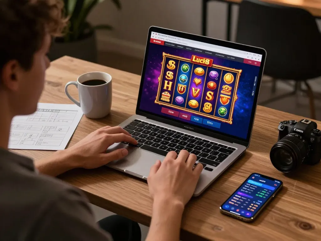 Engaging with Luck8 online casino interface on a laptop, showcasing strategic online gaming.