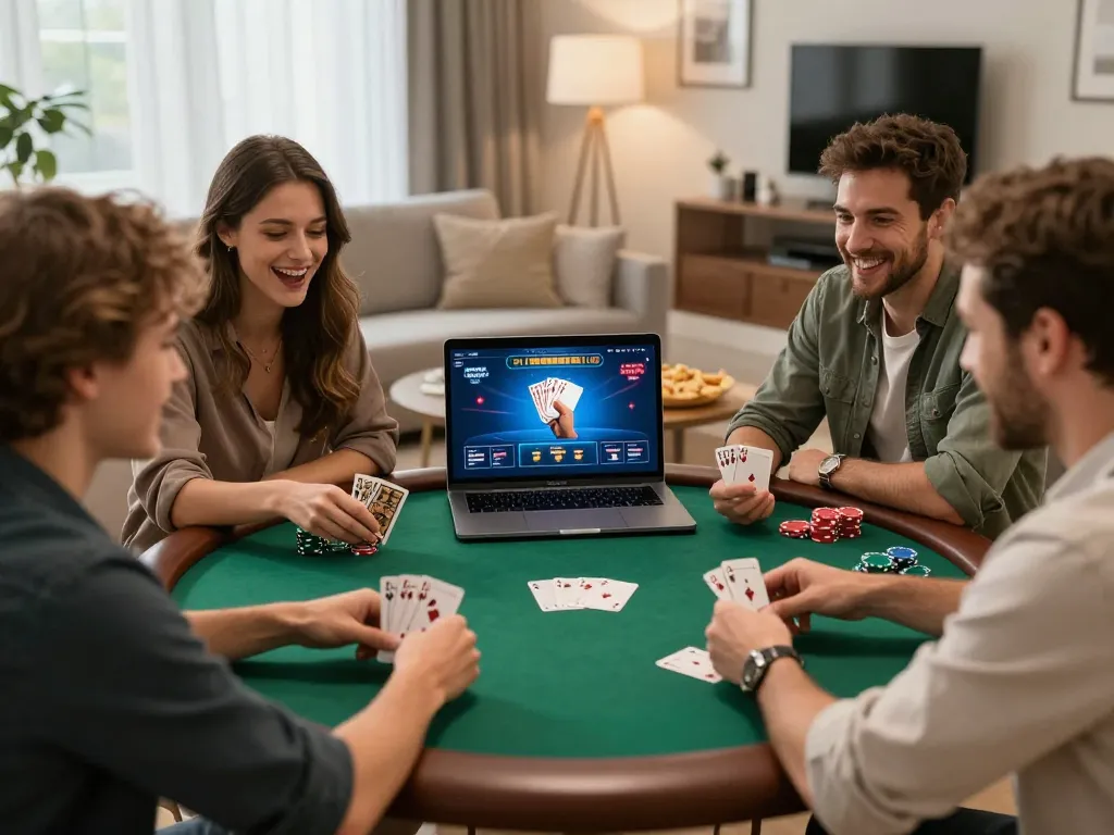 Fun79 online poker game night captures friends celebrating a big win in a cozy living room