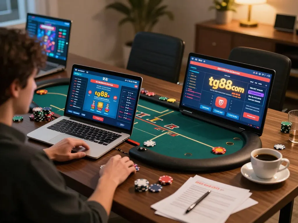 Player engaging with poker game interface on tg88com in a stylish home office setting.