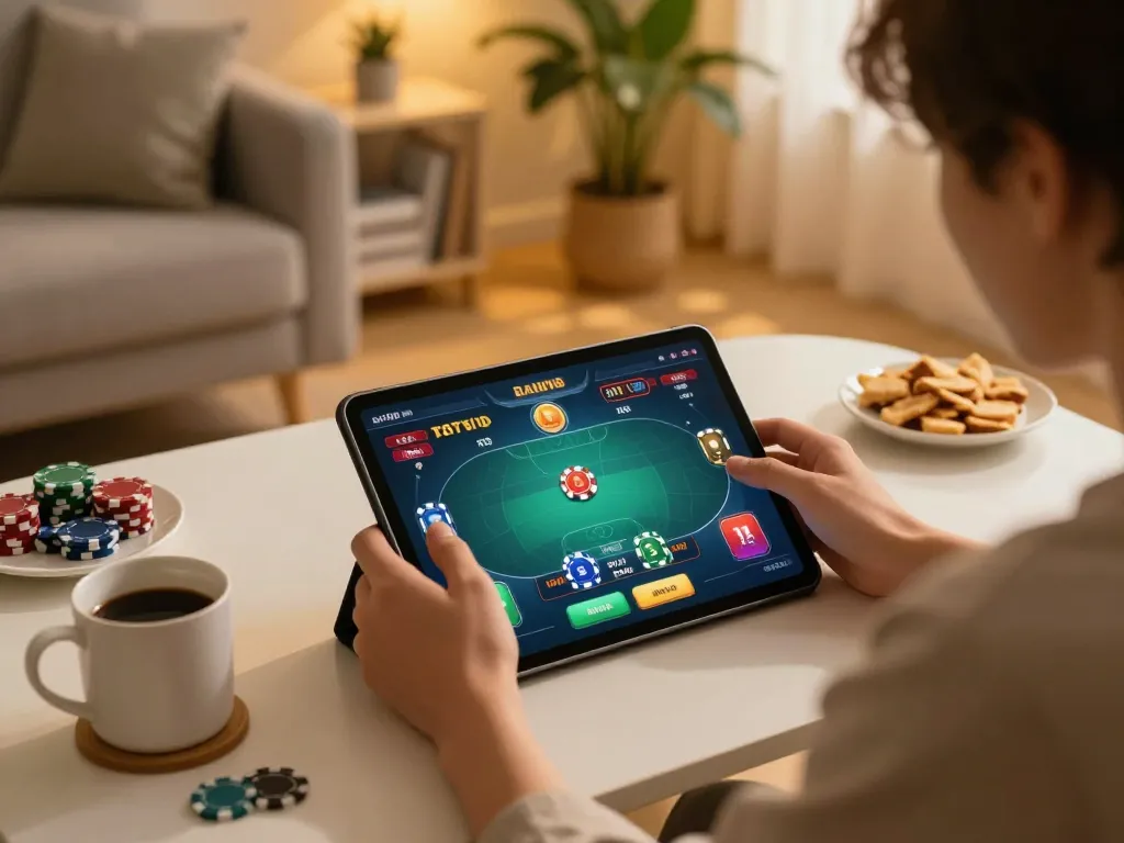 Engaging online poker gameplay on kp88, showcasing vibrant tablet screen and cozy home atmosphere.