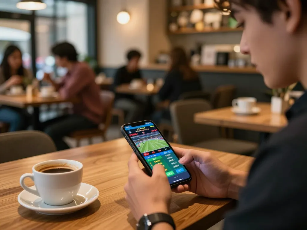 Engaging in sports betting on smartphone with live odds at ee88 in a cozy café setting.