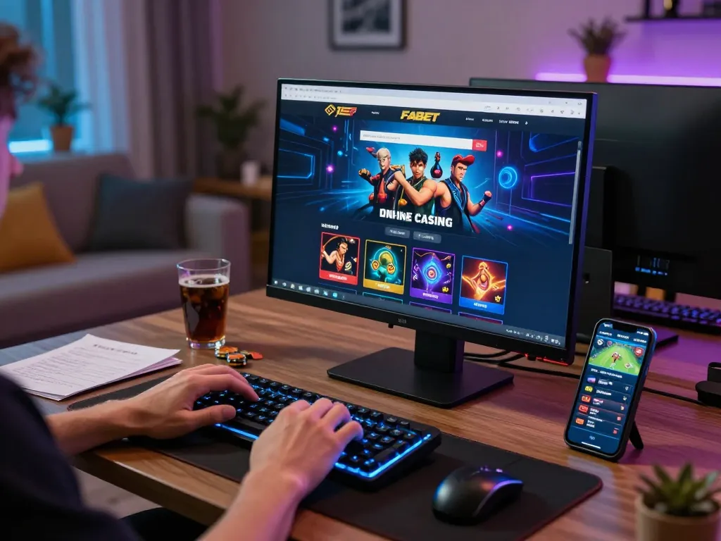 FABET online gaming scene showing a player engaging in strategic betting from a modern setup.