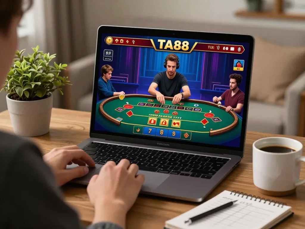 Players strategizing on TA88 during an exciting home baccarat game with vibrant casino visuals.