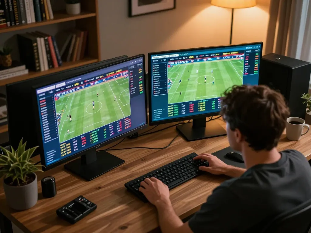 Kèo nhà cái action during intense sports betting session at home with live odds displayed on multiple screens.