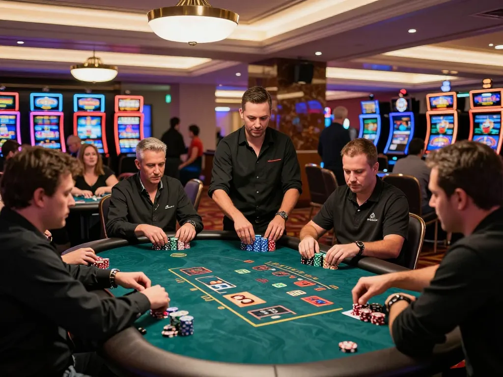Players strategizing at a blackjack table in Hitclub casino, vibrant atmosphere, high-stakes gaming.