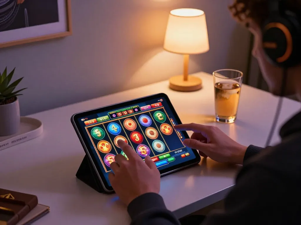 Engaging in online slot deposit 5000 gameplay on a tablet with vibrant screens and cozy atmosphere