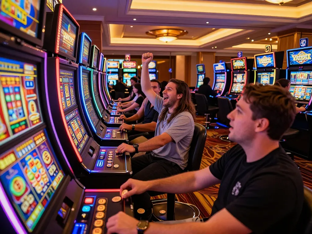 Tubidy slot machine celebration scene with vibrant lights and engaged players