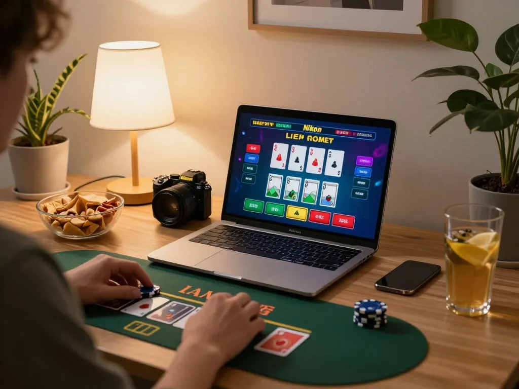 Engaging online blackjack gameplay on vt88 with player enjoying a cozy home setup