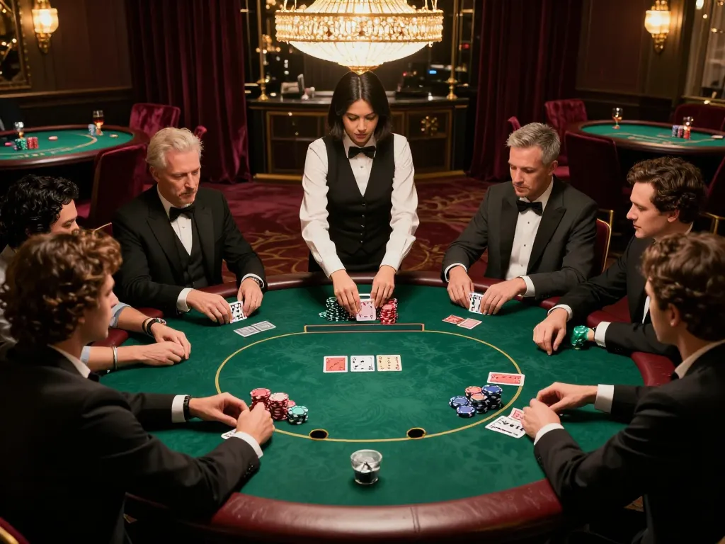 Players strategizing at the poker table in an upscale casino, showcasing DA88 gaming excitement.