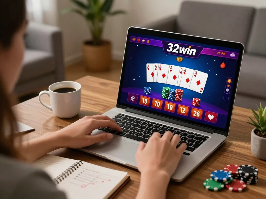 Player engaging with 32win online casino on laptop, highlighting immersive gaming experience in a cozy setting.