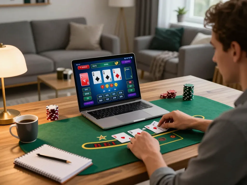 SIN88 player engaging in blackjack online, showcasing strategy and excitement in a cozy home setting