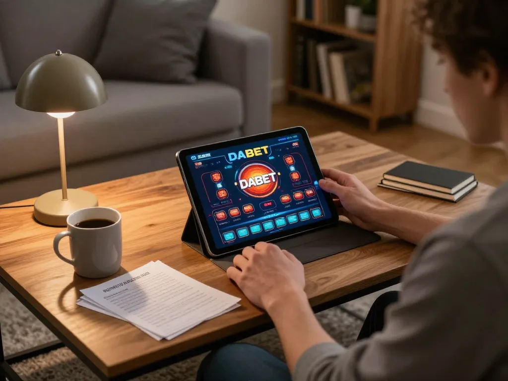 DABET user enjoying online gaming session with tablet and strategic notes