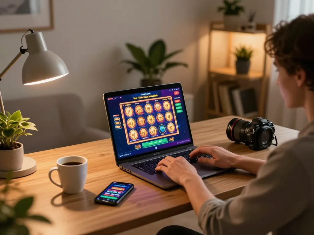 Sapporo-dogscafe depicts a vibrant online casino gaming scene featuring a player engaged with a laptop interface.