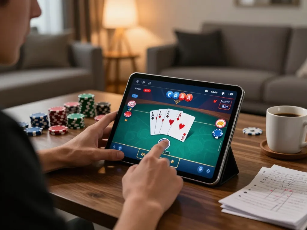 open88 user enjoying an exciting poker game on a tablet in a cozy living room setting