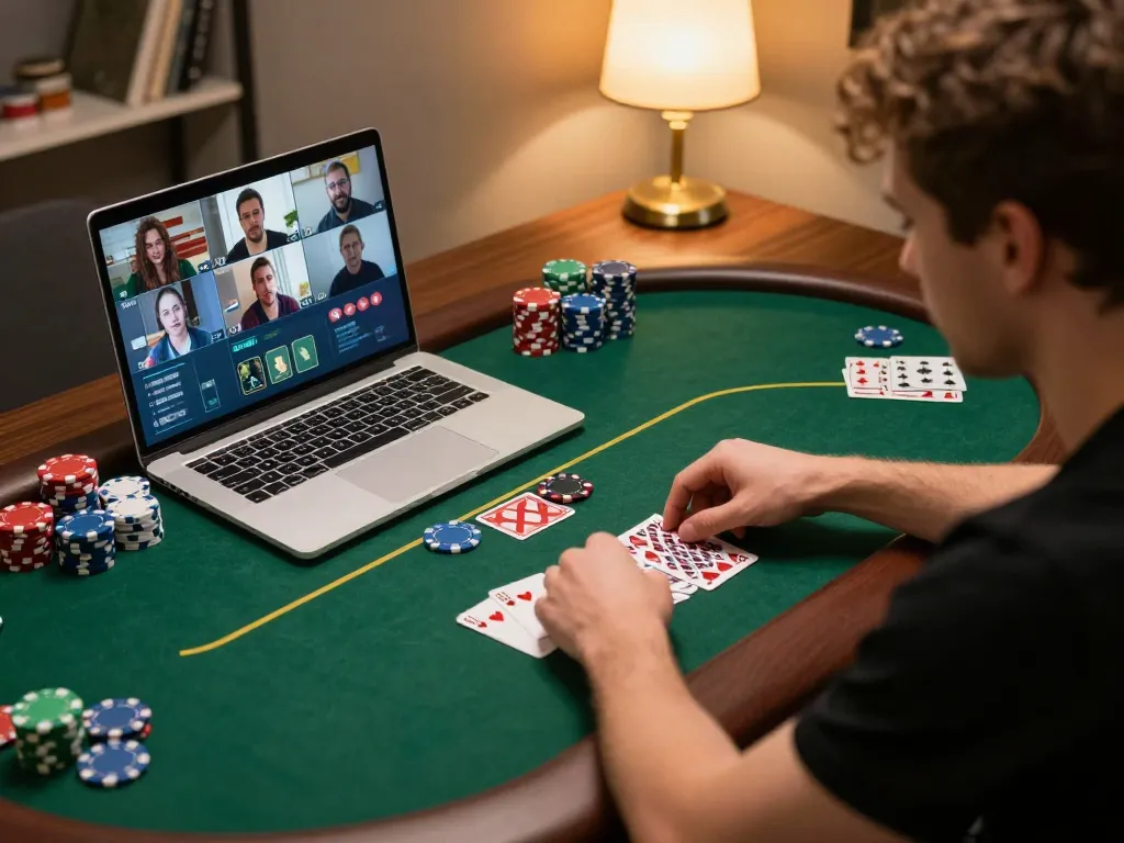 Player strategically engaging in an online poker game on 888b, showcasing vibrant gameplay interface and colorful chips.
