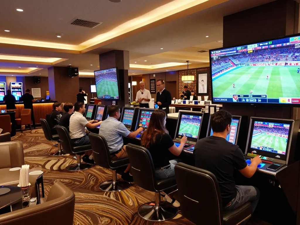 Excited gamblers engaging with kèo nhà cái in a vibrant sports betting lounge.