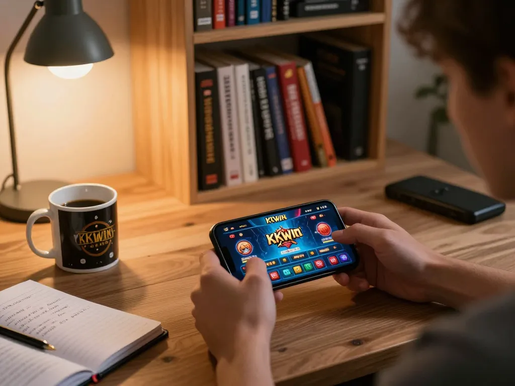 Engaging with KKWIN's mobile casino app on a comfy couch, blending gaming and relaxation.