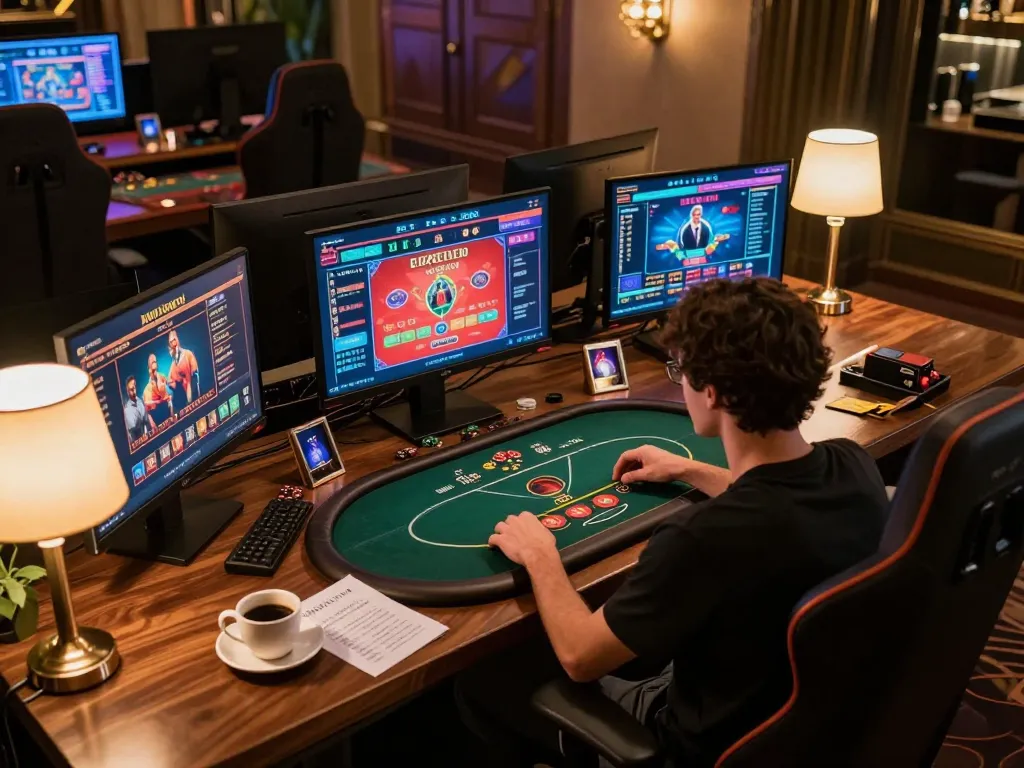 Engaged player strategies at HD88 online casino gaming setup with multiple screens.