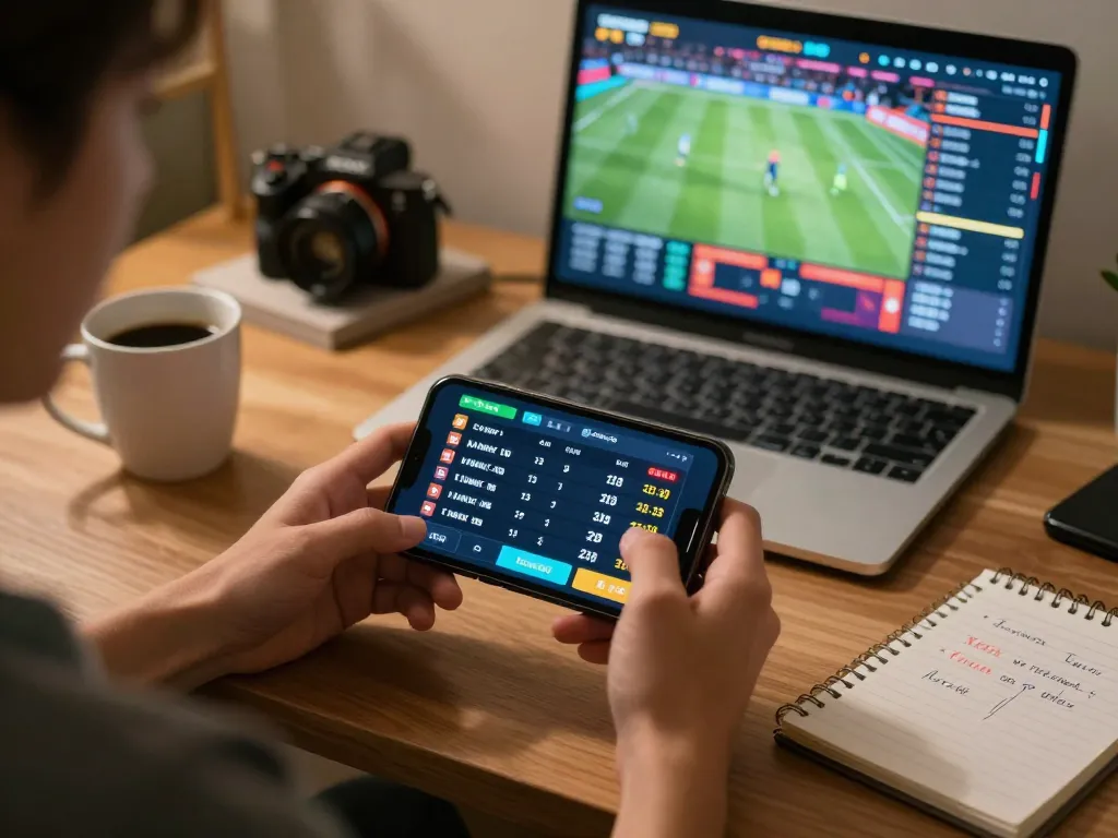 Engaged bettor using LODE88 platform on smartphone for strategic online sports betting.