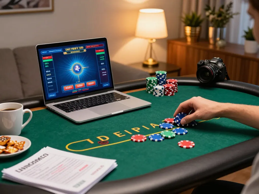 sunwingo engaging in online poker with digital interface and strategy notes on desk