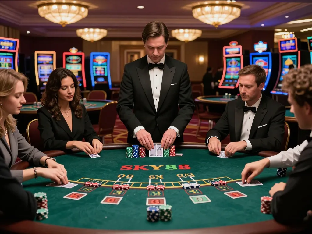 SKY88 blackjack players strategizing bets at an upscale casino table with a professional dealer.