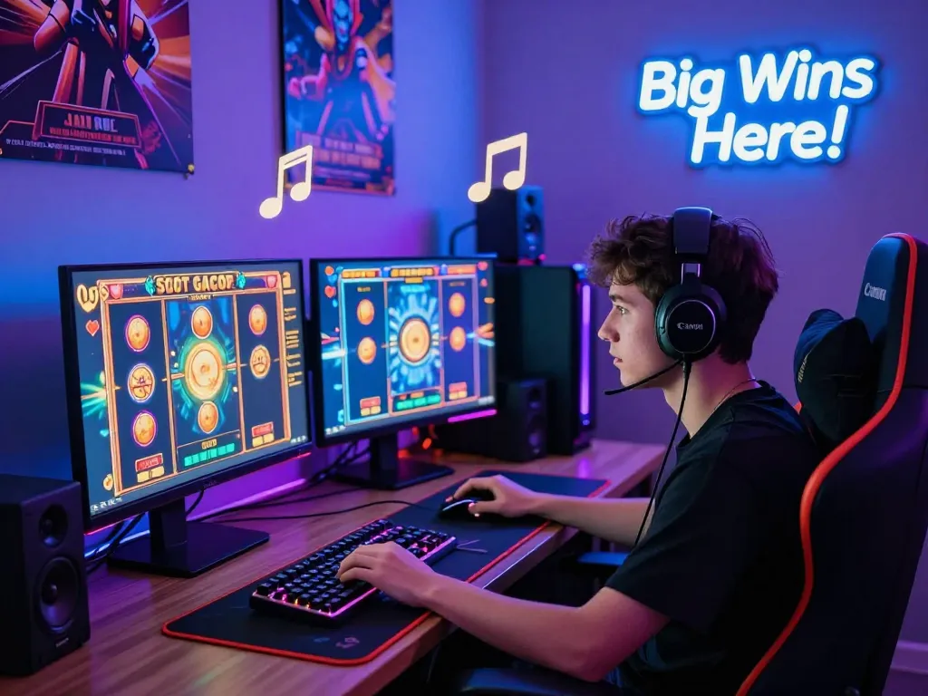Player enjoying Slot Gacor games in an energized gaming space with colorful screens and accessories.
