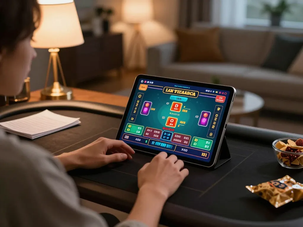sp8beta user engaged in online baccarat gameplay on tablet in stylish home setting