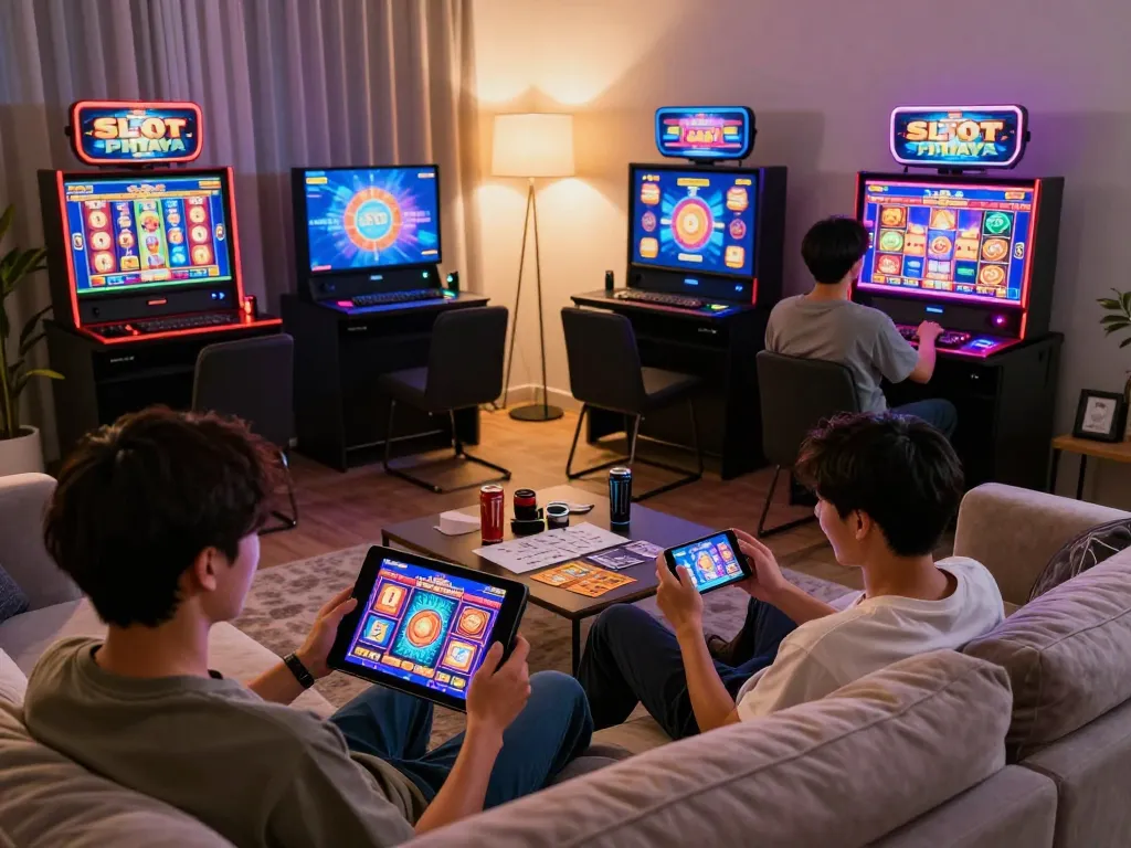 Engaged players enjoying SLOT PHTAYA in a cozy home gaming setup with multiple screens.