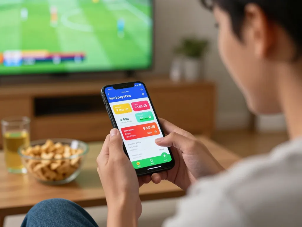 Engaging with kèo bóng đá trực tuyến on a smartphone during a live football match