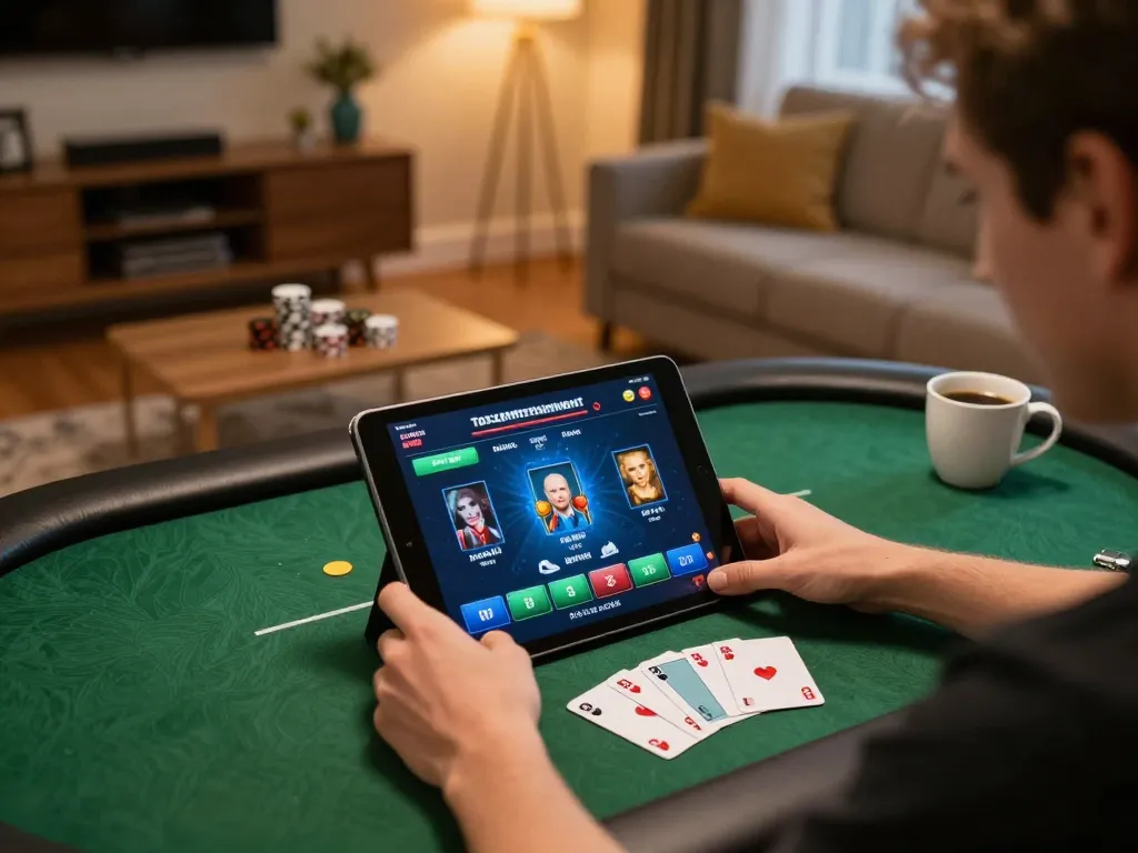 Torxentertainment player engaging in poker strategy on a tablet in a cozy living room