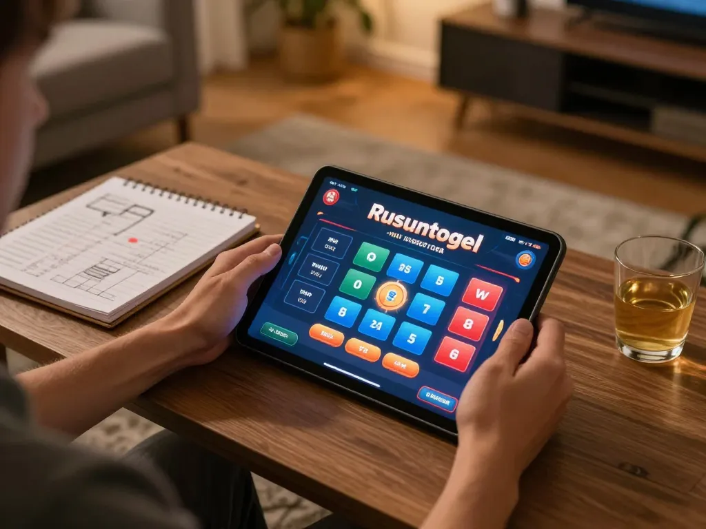 Engaging gameplay on rusuntogel platform using a tablet in a cozy modern home