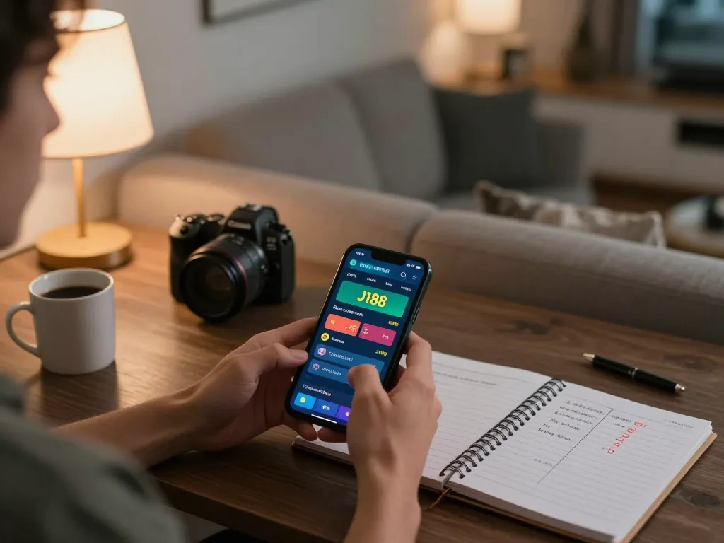 Engaging in sports betting through j188 app on a smartphone in a cozy home setting.