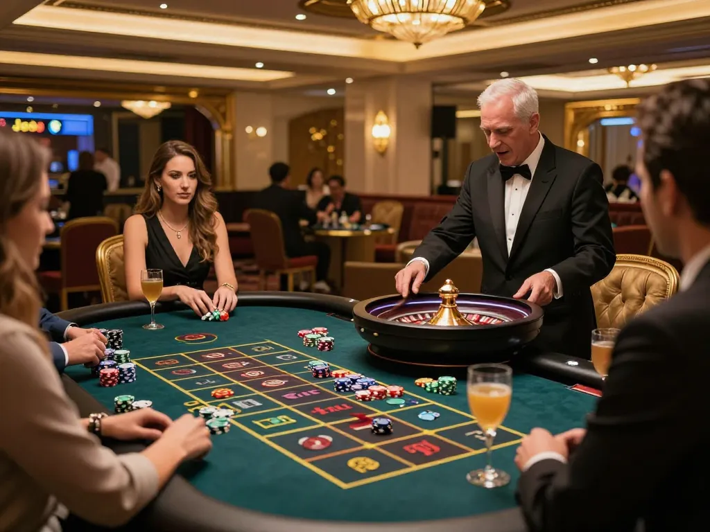 Engaging scene of players at a Jun88 roulette table, highlighting the excitement and anticipation in the air.