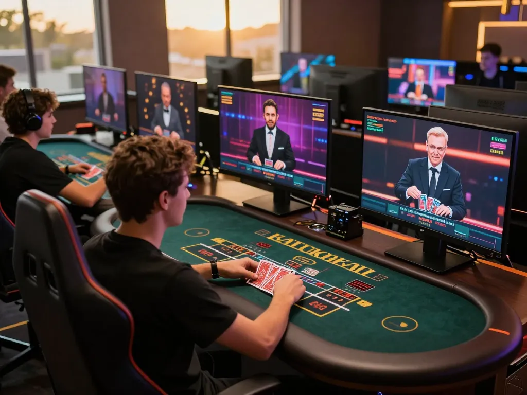 Engaging in online blackjack gameplay at RED88 with multiple screens showing live dealers and cards.