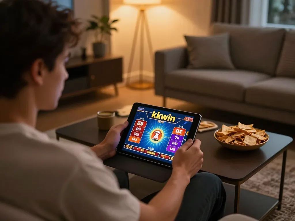 Engaged player exploring kkwin casino games on a tablet in a cozy living room setting