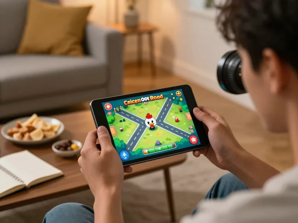 Giocatore che esplora il gameplay delle recensioni di chicken road su mobile in un accogliente ambiente domestico.