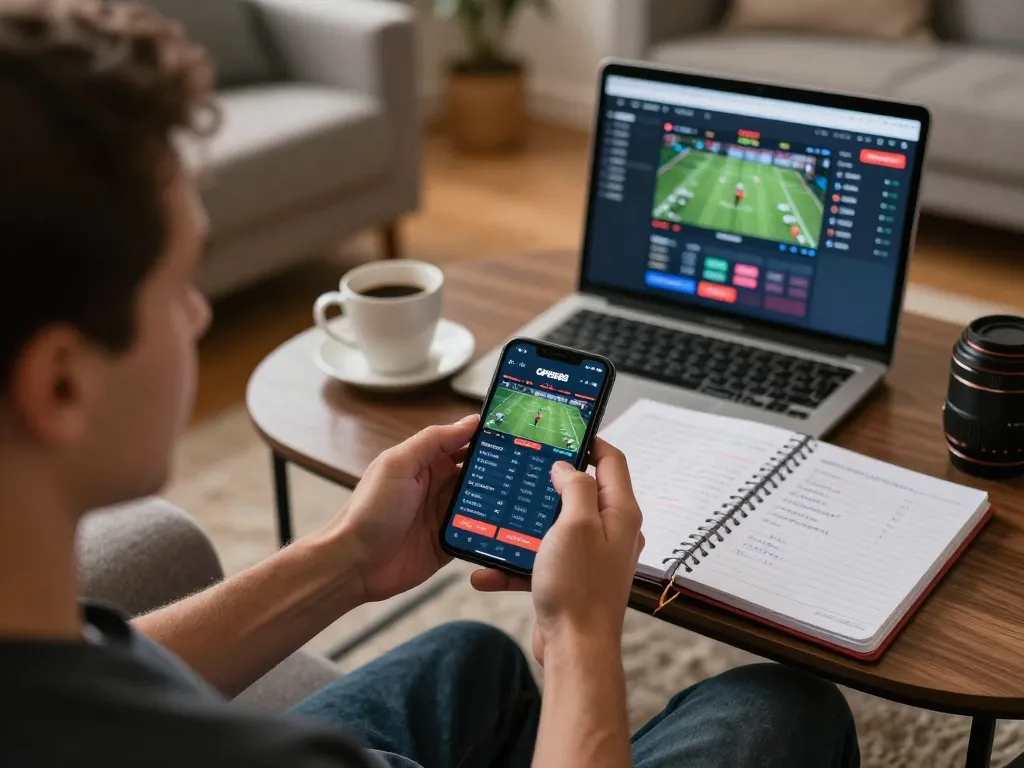 Player engaging with the OPEN88 app for sports betting on a smartphone, showcasing a dynamic home gaming atmosphere.