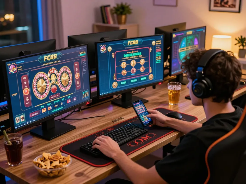 Player experiencing FC88 app gameplay on multiple screens with snacks and drinks around